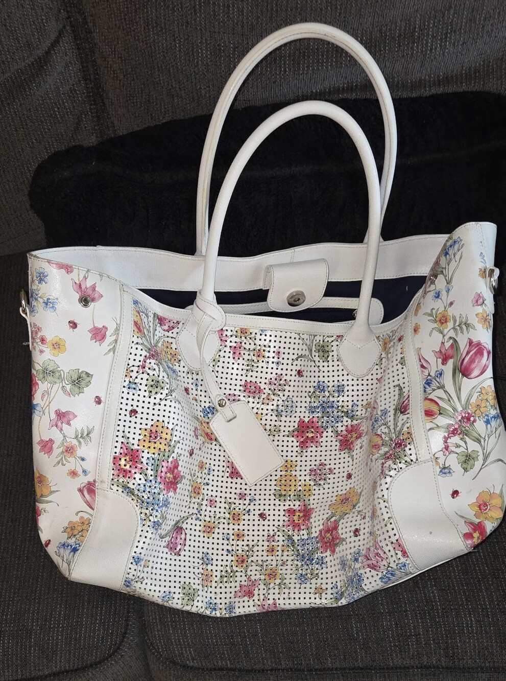 Claudia Firenze White LEATHER Floral Tote Bag with Multicolor